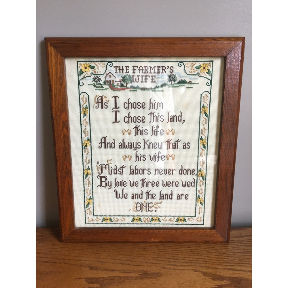 Vintage Framed Cross Stitch Sampler The Farmer's Wife 16x14 Brown Wood Farmhouse